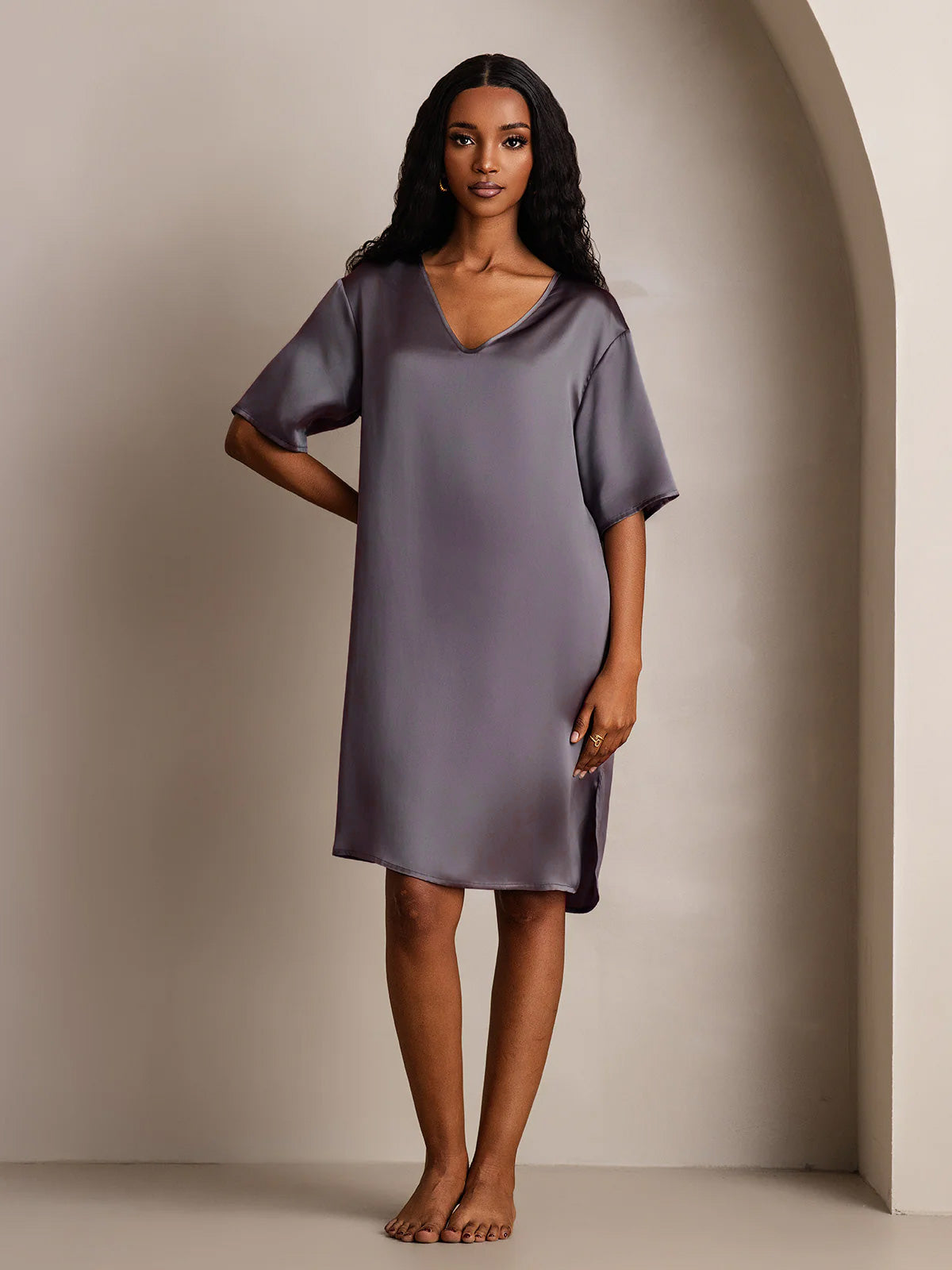 Pure Silk Half Sleeve V-neck Short Nightgown with Split Design