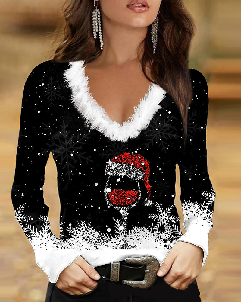 Christmas Printed long sleeve V-neck top