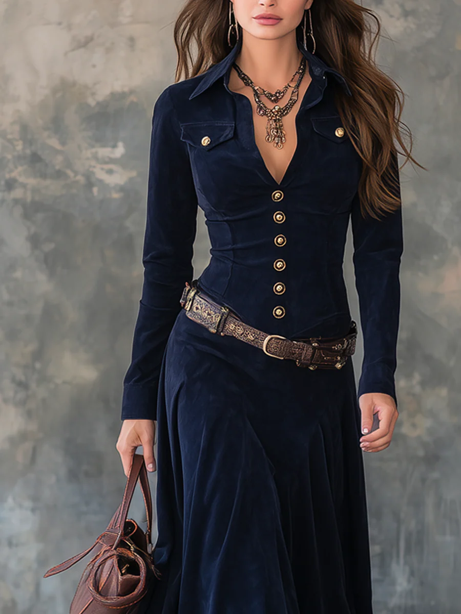 Kylie - Long Suede Effect Dress – Belt Included