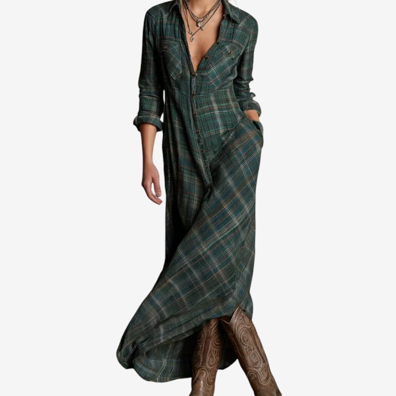 Lily | Plaid Maxi Shirt Dress in Boho Style